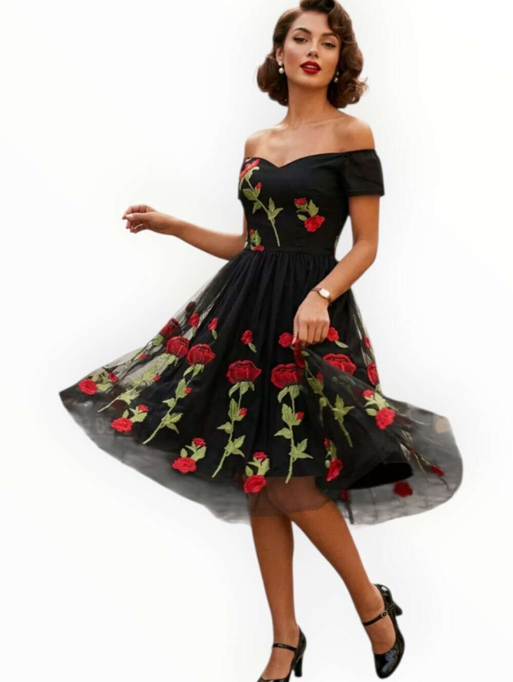 Off-Shoulder Black Dress with Red Rose Embroidery Xl